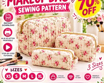 Makeup Bag Sewing Pattern PDF, Quilted Cosmetic Bag Pattern, Zipper Pouch Pattern, DIY Toiletry Bag Pattern, Digital Sewing Pattern