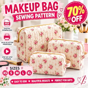May include: Three quilted makeup bags in varying sizes featuring a cream fabric with a pink rose floral pattern and gold zippers. The image includes text overlays stating Makeup Bag Sewing Pattern, 70% Off, PDF Digital Download, and sizes XS to XL.
