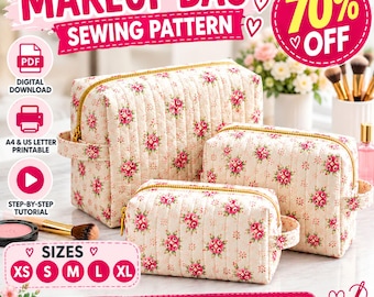 Basic Quilted Makeup Bag Sewing Pattern, 3 Sizes, Boxy Zipper Pouch, Beginner Friendly DIY Cosmetic Bag, instant download