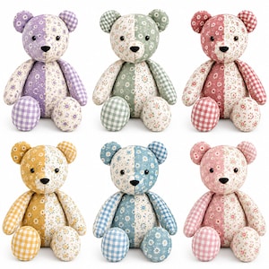 May include: Six plush teddy bears arranged in two rows, each featuring a split-design body with one side in a gingham check pattern and the other in a floral print. The bears come in purple, green, red, yellow, blue, and pink colour variations.