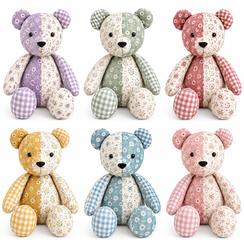 May include: Six plush teddy bears arranged in two rows, each featuring a split-design body with one side in a gingham check pattern and the other in a floral print. The bears come in purple, green, red, yellow, blue, and pink colour variations.