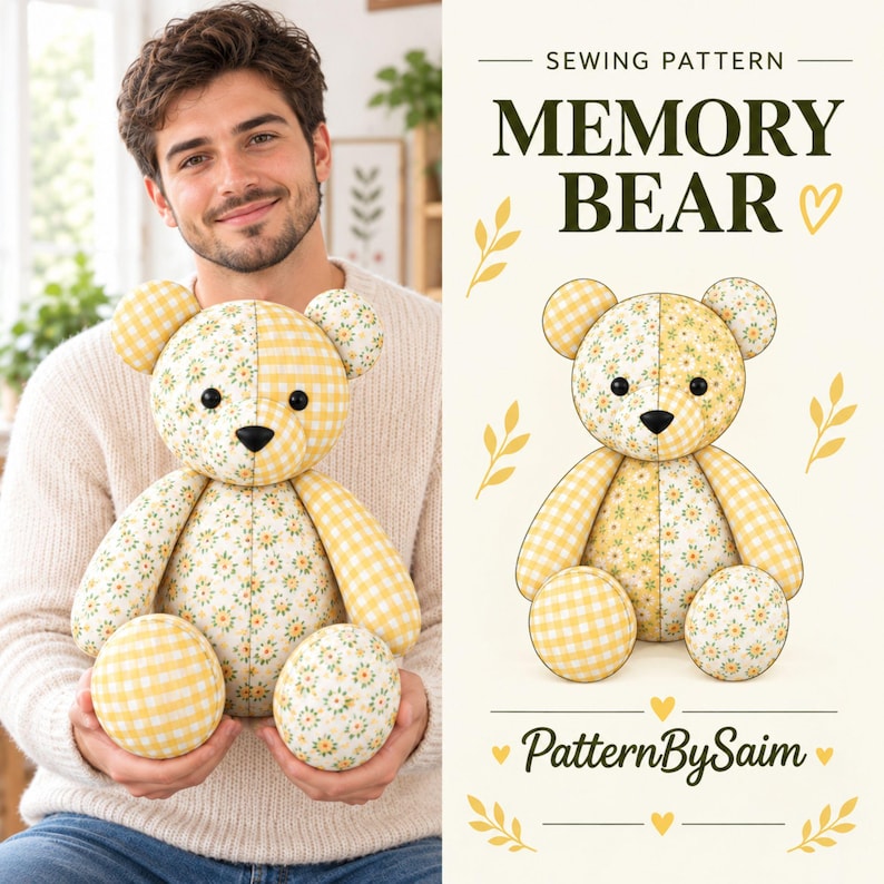 May include: A sewing pattern for a memory bear featuring text that reads SEWING PATTERN MEMORY BEAR and PatternBySaim. The bear is constructed from yellow and white gingham fabric combined with a yellow floral print fabric, black eyes, and a nose.