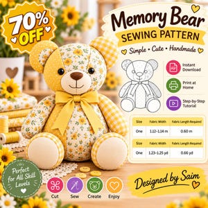 Memory Bear Sewing Pattern PDF, Teddy Bear Pattern, Keepsake Bear Pattern, Patchwork Bear, Stuffed Animal Sewing Pattern, Size 50 x 37 cm