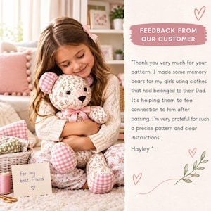 May include: A stuffed teddy bear crafted from floral fabric with pink gingham accents on the ears, feet, and paws, featuring a pink satin ribbon around its neck. A small card in the foreground reads For my best friend with a hand-drawn heart.