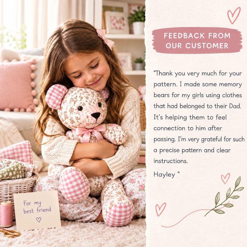 May include: A stuffed teddy bear crafted from floral fabric with pink gingham accents on the ears, feet, and paws, featuring a pink satin ribbon around its neck. A small card in the foreground reads For my best friend with a hand-drawn heart.
