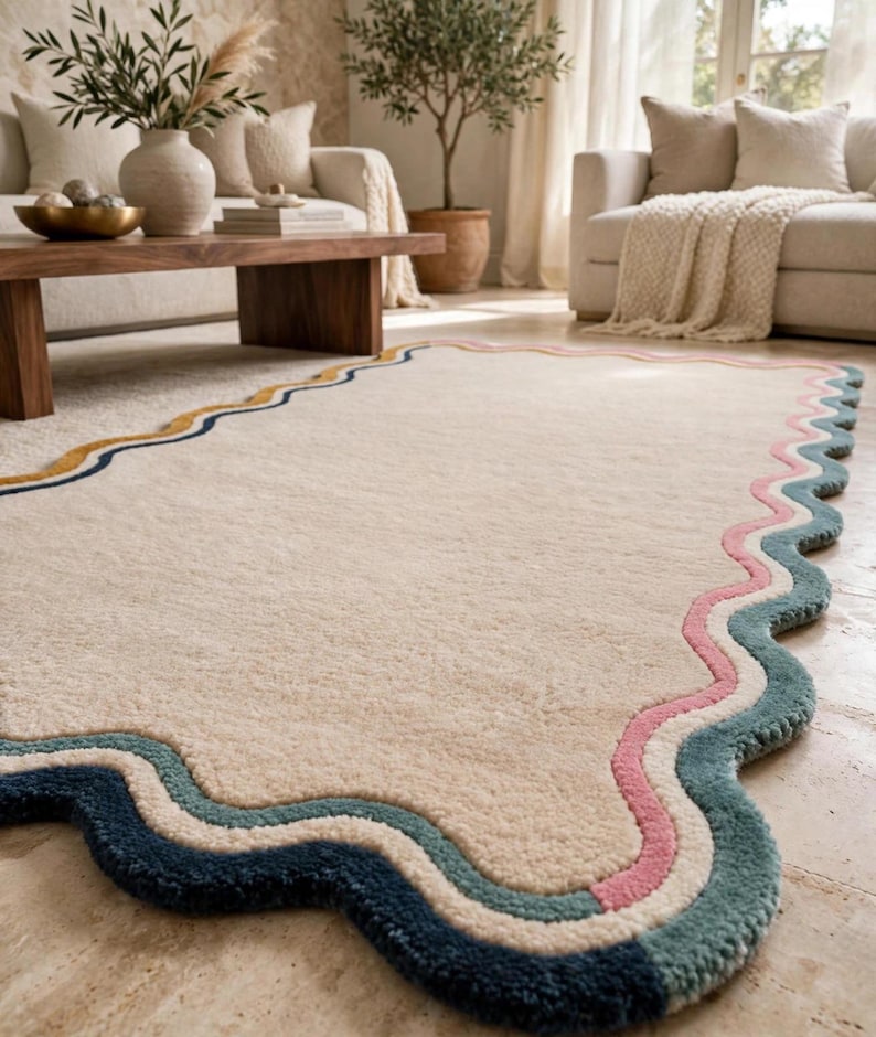 Wavy Border Tufted Wool Rug, Cream Abstract Area Rug, Colorful Squiggly ...