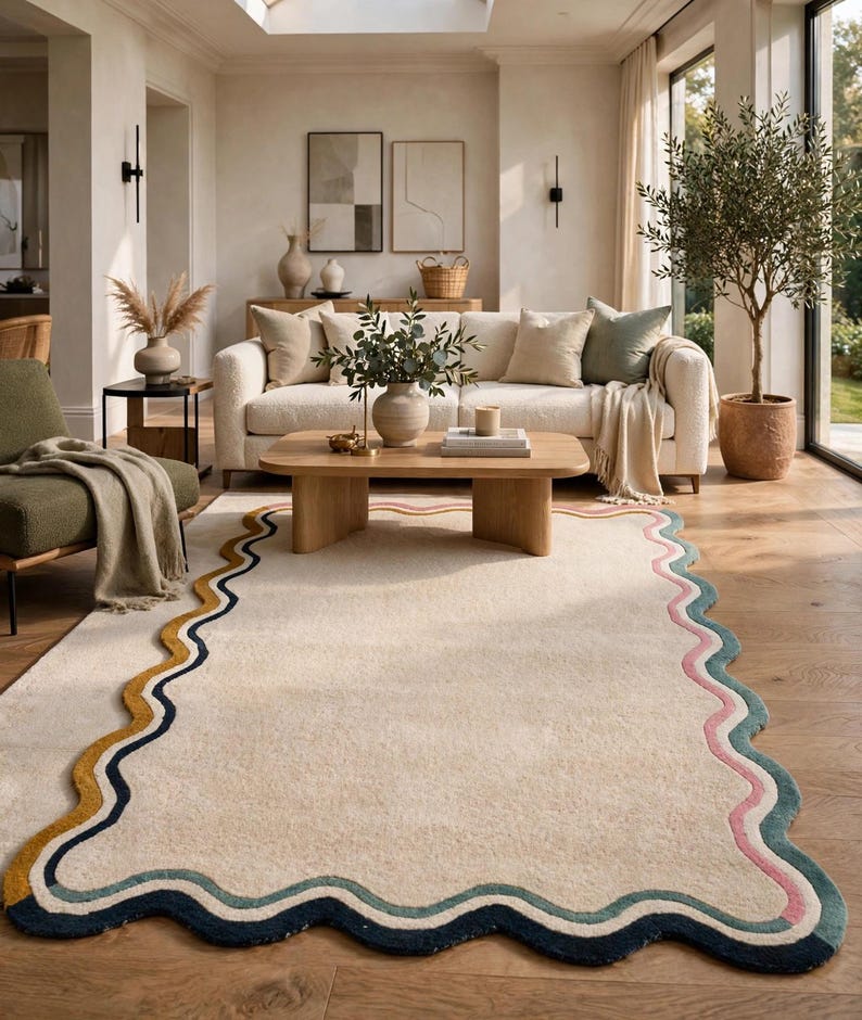 Wavy Border Tufted Wool Rug, Cream Abstract Area Rug, Colorful Squiggly ...