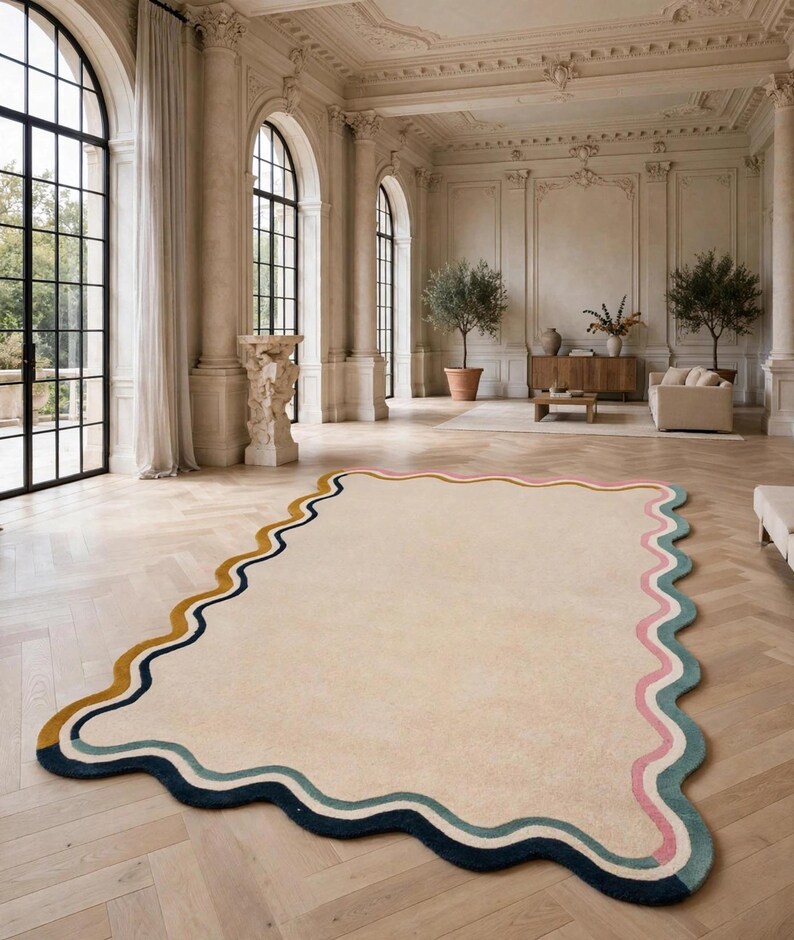 Wavy Border Tufted Wool Rug, Cream Abstract Area Rug, Colorful Squiggly ...