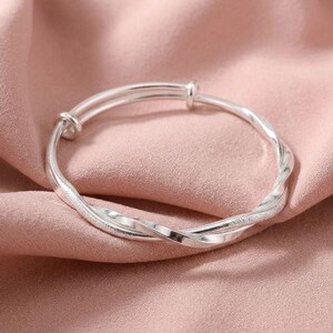 925 Sterling Silver Twist Bangle, Adjustable Cuff Bracelet
