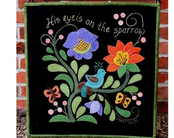 Sparrow and Flowers Wool Applique Pattern - Spring and Summer Embroidery Pattern  - PAST 61