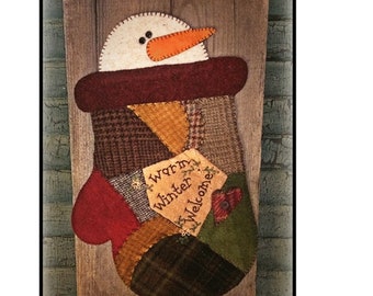 Snowman in Mitten Wool Applique Pattern: Snowflake Gathering (Hadley James RCH 004)
