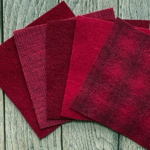 Hand Dyed Wool Fabric in Christmas  5" x 5" Felted Wool Charm Pack of Five - Wool Applique Fabric