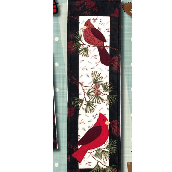 Cardinal Applique Pattern - Two Winter Winter Cardinals in Pine Tree - Red Cardinal Patterns -  PMM 11
