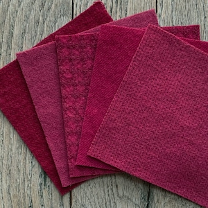 Hand Dyed Wool Fabric in Cranberry  5" x 5" Felted Wool Charm Pack of Five - Wool Applique Fabric