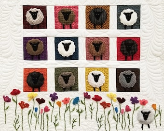 Wool Applique and Quilting Pattern, Stand Alone Sheep and Flowers Pattern -  PRI 714