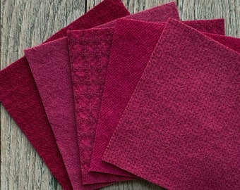 Hand Dyed Wool Fabric in Cranberry  5" x 5" Felted Wool Charm Pack of Five - Wool Applique Fabric
