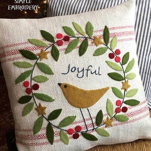 Joyful Pillow Pattern - Winter Season Pattern with Wool Applique - Christmas Pillow Pattern  - BM 845