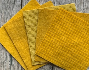 Hand Dyed Wool Fabric in Goldenrod 5" x 5" Felted Wool Charm Pack of Five - Wool Applique Fabric