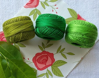 Size 8  100% mercerized Egyptian cotton 2-ply thread set of 3 (Growing Greens 39)