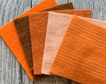 Hand Dyed Wool Fabric in Marigold 5" x 5" Felted Wool Charm Pack of Five - Wool Applique Fabric