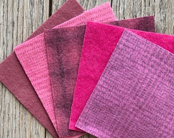 Hand Dyed Wool Fabric in Cherry Whip 5" x 5" Felted Wool Charm Pack of Five - Wool Applique Fabric