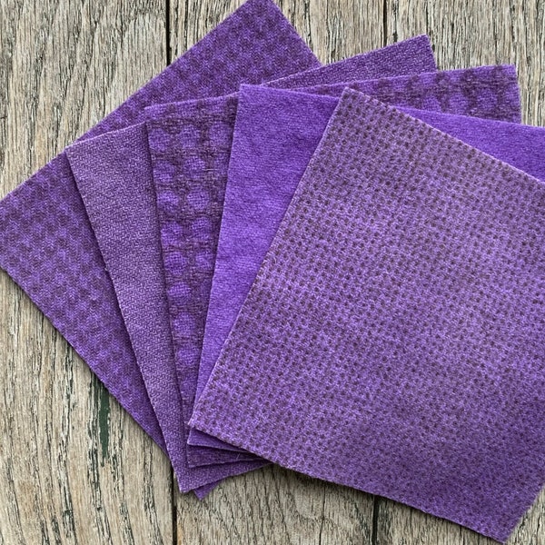 Hand Dyed Wool Fabric in Lavender 5" x 5" Felted Wool Charm Pack of Five - Wool Applique Fabric