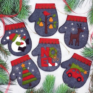 Winter Mitten Ornaments Kit and Pattern - Winter Season Pattern with Applique - Snowman - Reindeer - Christmas Tree - K 0616