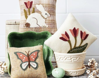 Springtime Pillows - Rabbit -  Butterfly and Tulips Wool Applique Pillows for Spring or Summer Decoration BMB 1747