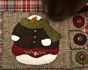 Snowman Wool Applique Mug Rug Pattern - Applique Patterns - RCH WW 014 - Camille Renee