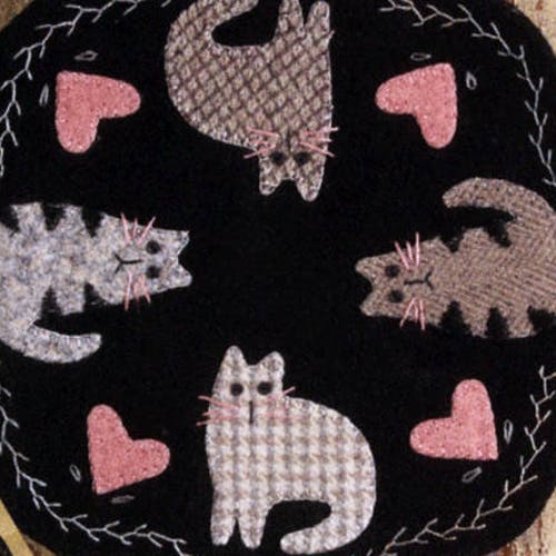 Kitty Cats and Hearts Applique Pattern Wool Applique Etsy