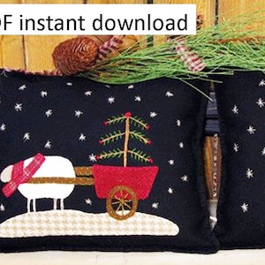 Wool Applique Christmas Pillow Pattern: Joy Sleigh & Sheep Cart (PDF Download)