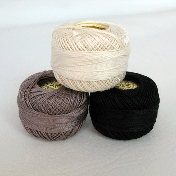 Perle Cotton Thread Set - Size 8 Finca Pearl Cotton by Presencia - Black -  Gray - Cream or Ecru - Folk Art 6 - Each one is approx 77 yards
