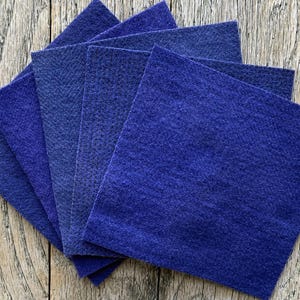 Hand Dyed Wool Fabric in Blue Violet 5&quot; x 5&quot; Felted Wool Charm Pack of Five - Wool Applique Fabric