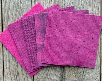 Hand Dyed Wool Fabric in Bubblegum 5" x 5" Felted Wool Charm Pack of Five - Wool Applique Fabric