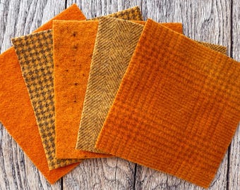 Hand Dyed Wool Fabric 5 inch Charm Pack: Five Primitive Pumpkin Applique Squares