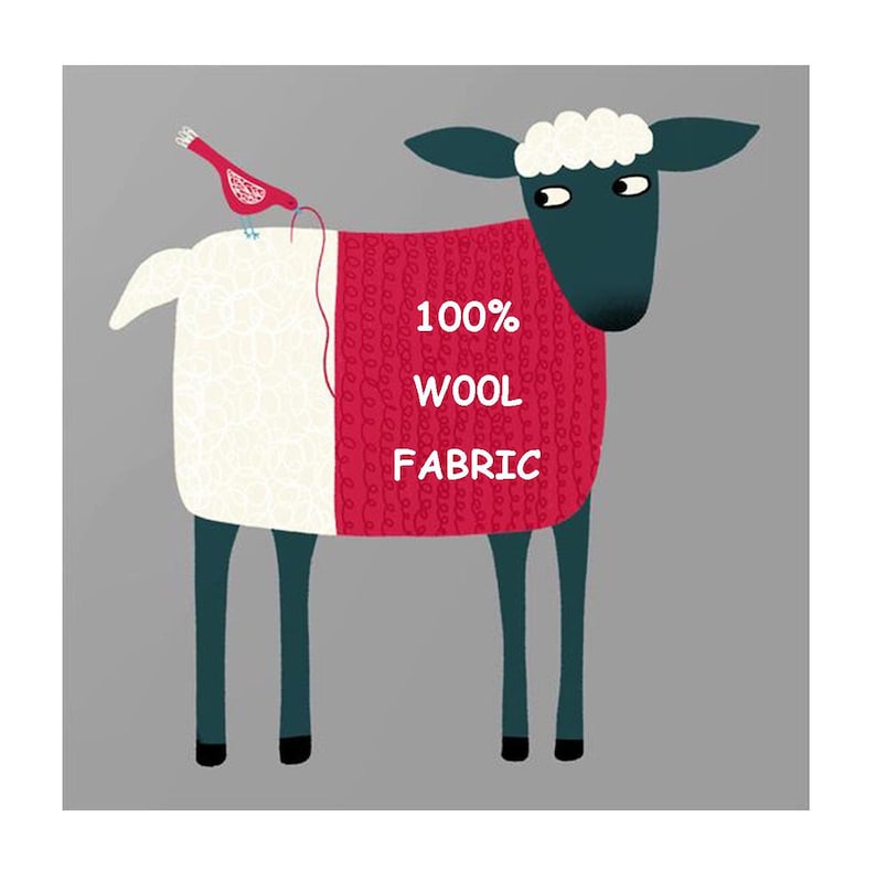 May include: A cartoon illustration of a sheep wearing a red sweater with the text "100% WOOL FABRIC". A small red bird is sewing the sweater onto the sheep.