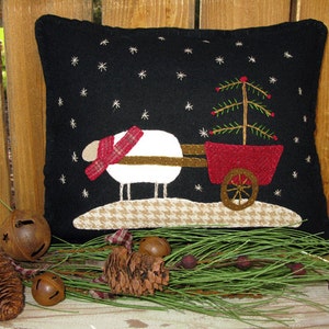 Winter Wool Applique Pillow Pattern, Joy Sleigh and Christmas Sheep Cart SU 110 image 1