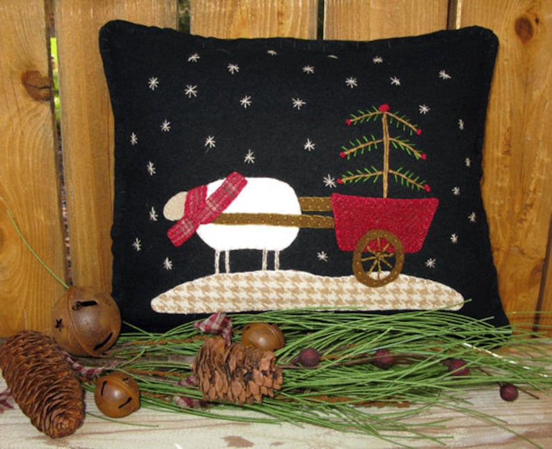 Winter Wool Applique Pillow Pattern, Joy Sleigh and Christmas Sheep Cart SU 110 image 1