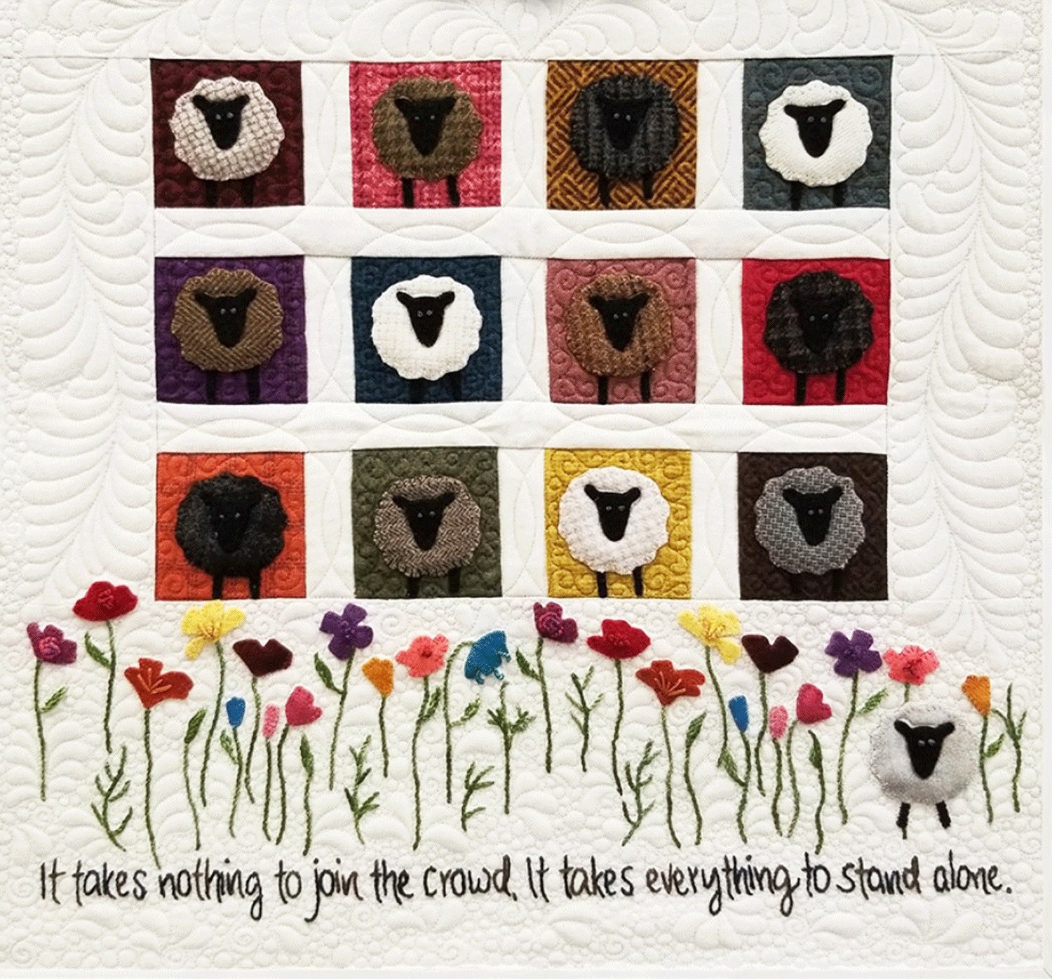 Sheep and Flowers Wool Applique Quilt Pattern - (PRI 714)