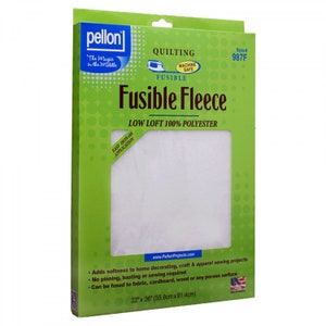 May include: A green and white package for Pellon Fusible Fleece, a low loft 100% polyester quilting fabric. The package shows a white piece of fabric with the text "Easy Iron-On Application" and "www.PellonProjects.com". The package also includes the text "Style# 987F", "Machine Safe", "Fusible", and "The Magic in the Middle". The package measures 22 inches by 36 inches (55.9 cm x 91.4 cm).