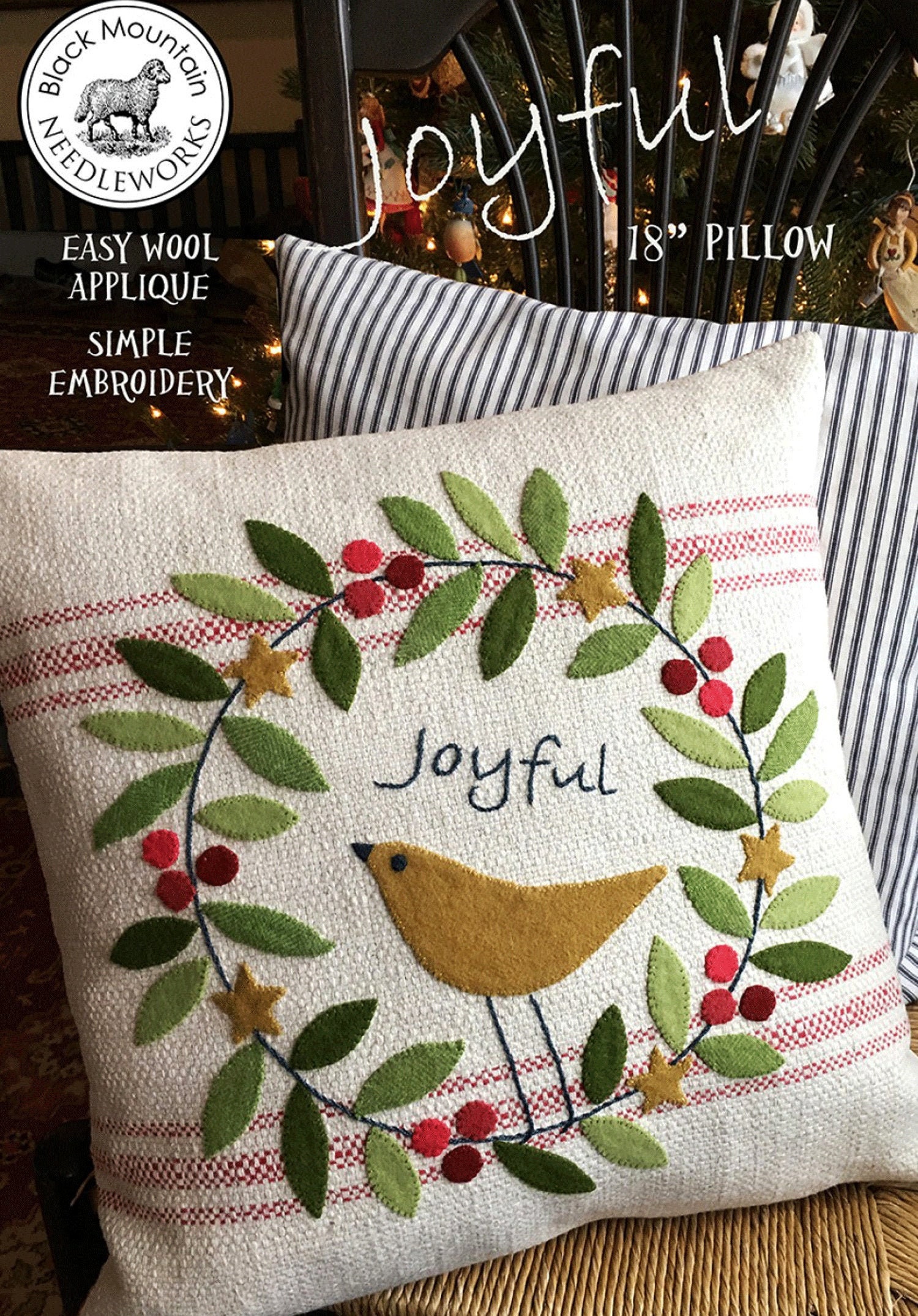 Joyful Pillow Pattern: Winter Wool Applique, Christmas Decor (BM