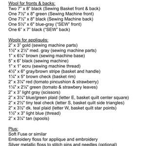 May include: A list of materials needed for a sewing project, including wool, thread, buttons, and embroidery floss. The list includes measurements in inches.