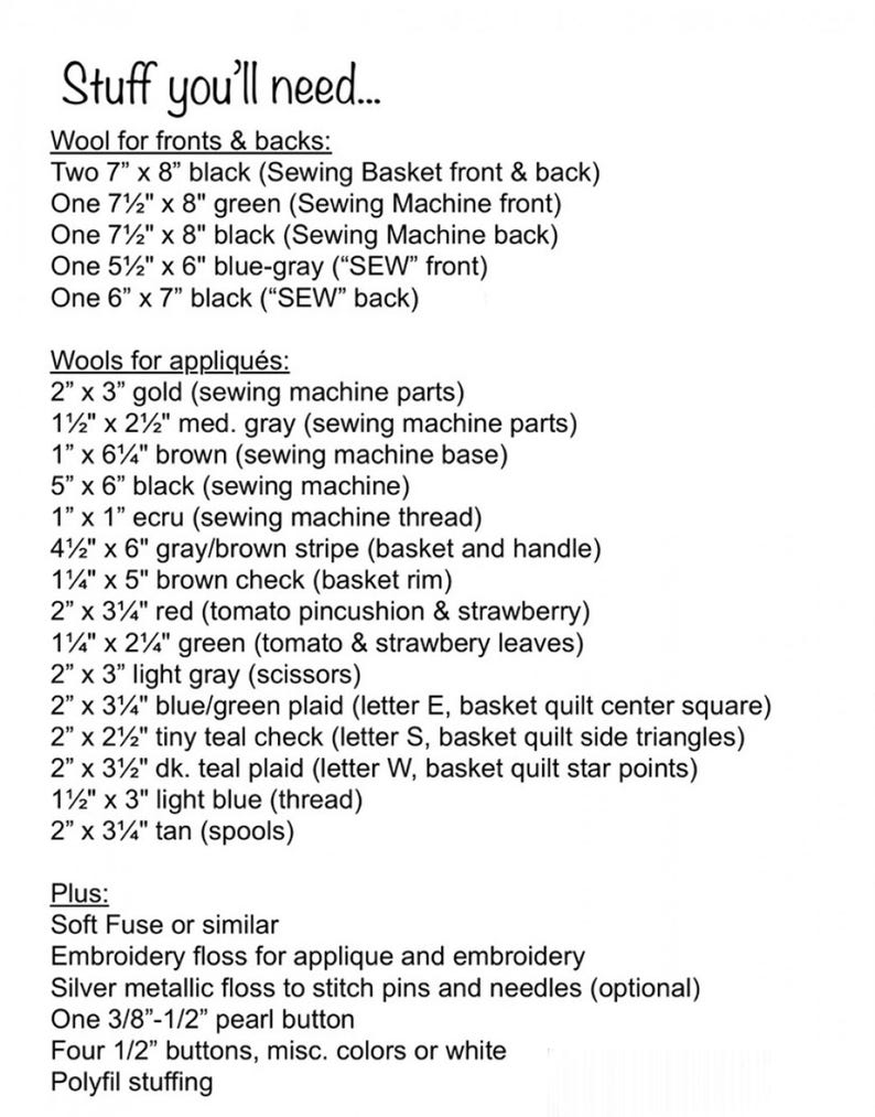 May include: A list of materials needed for a sewing project, including wool, thread, buttons, and embroidery floss. The list includes measurements in inches.