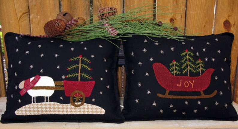 Winter Wool Applique Pillow Pattern, Joy Sleigh and Christmas Sheep Cart SU 110 image 2