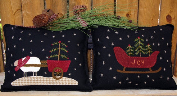 Winter Wool Applique Pillow Pattern Joy Sleigh and Christmas | Etsy