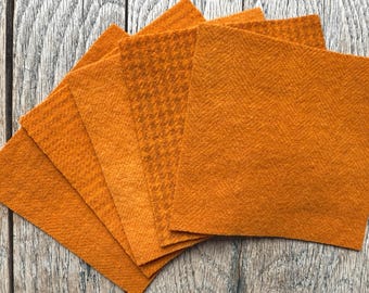 Hand Dyed Wool Fabric 5 inch Charm Pack: Five Primitive Pumpkin Applique Squares