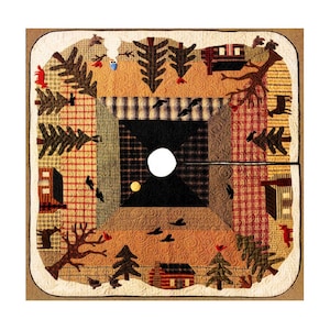 May include: A square, quilted tree skirt with a central hole. The design features a patchwork of brown, tan, and black fabrics, with appliqued trees, birds, and houses. The border is a cream color.