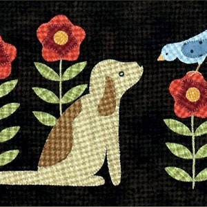 May include: A brown and white dog sits in a field of red flowers with green stems. A blue bird with black spots perches on a red flower.