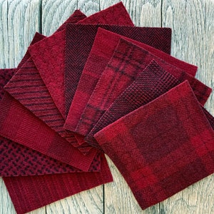 Assorted Wool in Shades of Red  5" x 5"  Wool Charm Pack of 10