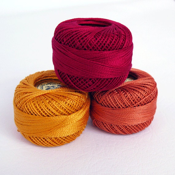 Perle Cotton Thread Set - Size 8 Finca Pearl Cotton by Presencia - Copper -  Gold - Dark Cranberry - Jewel 7- Each one is approx 77 yards